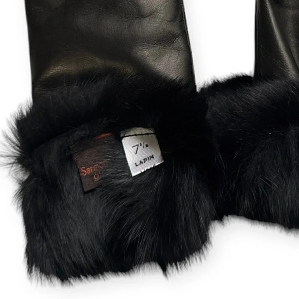 Sermoneta Gloves‎ Black Leather Rabbit Fur Lined Gloves size 7.5, NWT